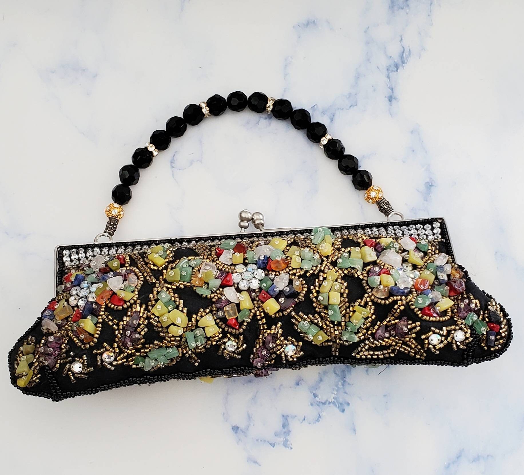 Vintage YILIN Black and Multi-colored Beaded Handbag With