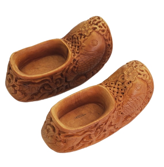 Vintage Asian Chinese Hand Carved Wooden Pair of Token Good Luck