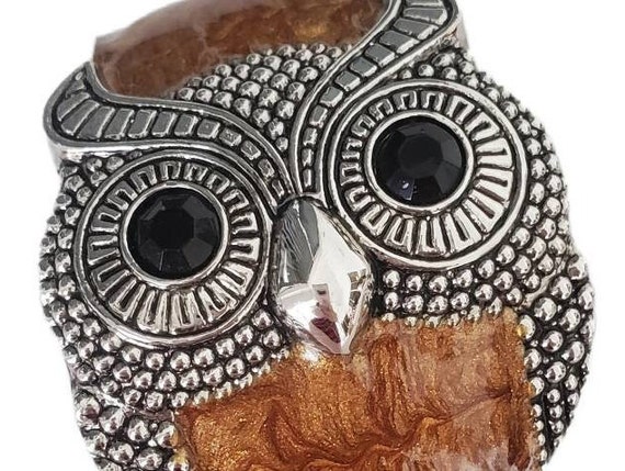 Vintage OWL Figural Wide Brown Enamel and Silver … - image 3