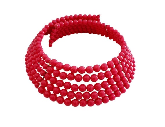 Vintage 1980's HOT PINK Five Strand Beaded CHOKER… - image 1