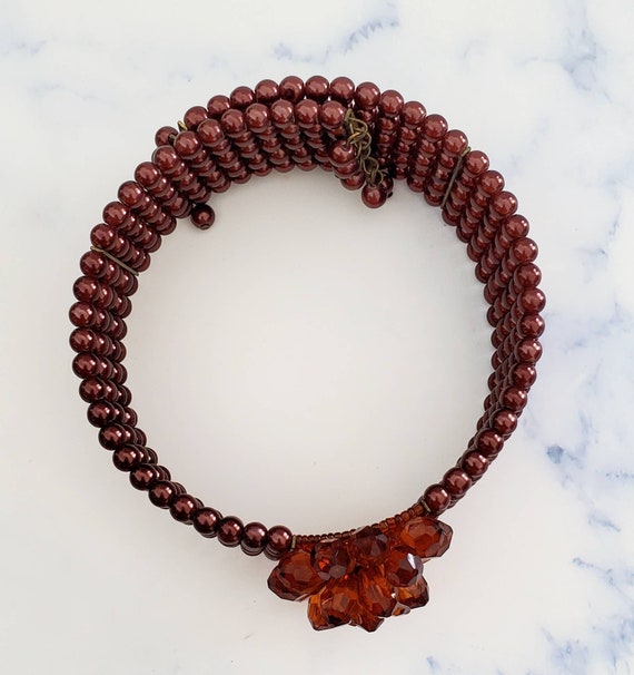 Vintage BOHO Dark Red Brown 5 Strand Beaded Flowe… - image 10