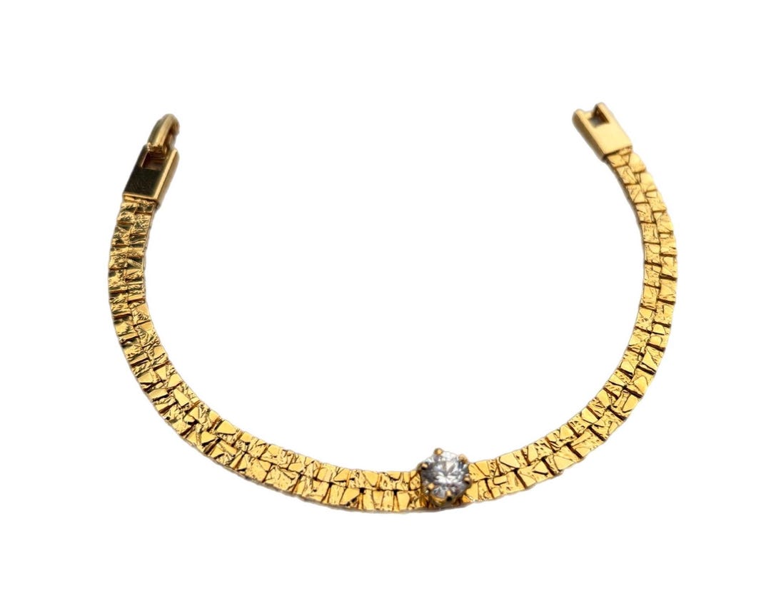 Vintage 80's Gold Tone Nugget Chain Bracelet With Clear Rhinestone - Etsy
