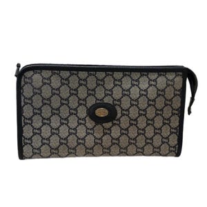 Vintage Authentic GUCCI PLUS GG Monogram Navy Blue Leather Coated