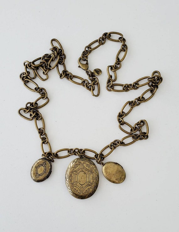 Vintage BEN AMUN Triple LOCKET Brass Tone Long Ch… - image 5