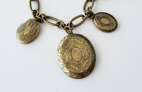 Vintage BEN AMUN Triple LOCKET Brass Tone Long Ch… - image 3