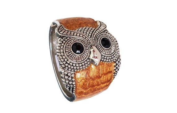 Vintage OWL Figural Wide Brown Enamel and Silver … - image 9