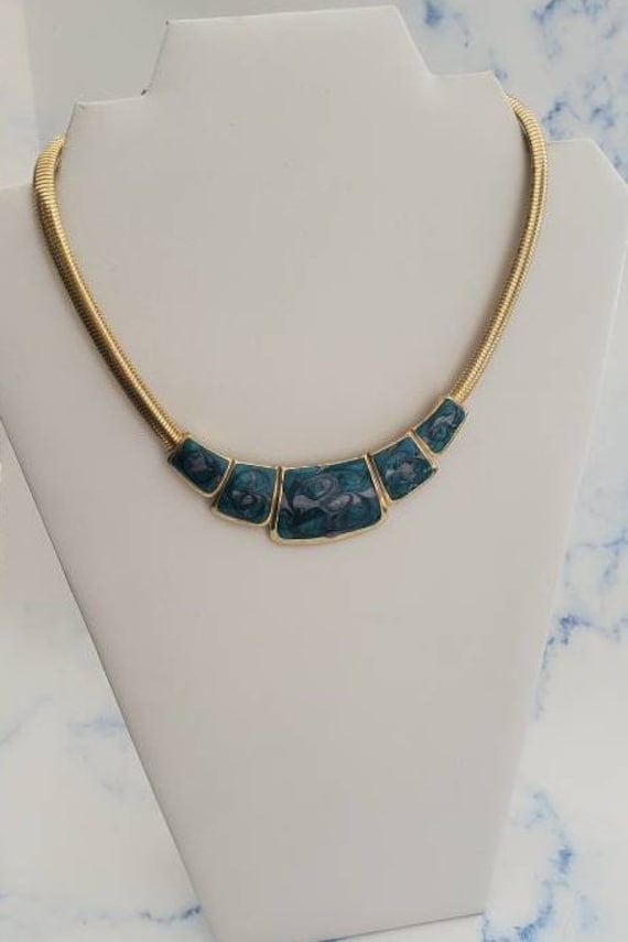 Vintage 1980's Teal and Blue Enamel Gold Tone Ome… - image 2