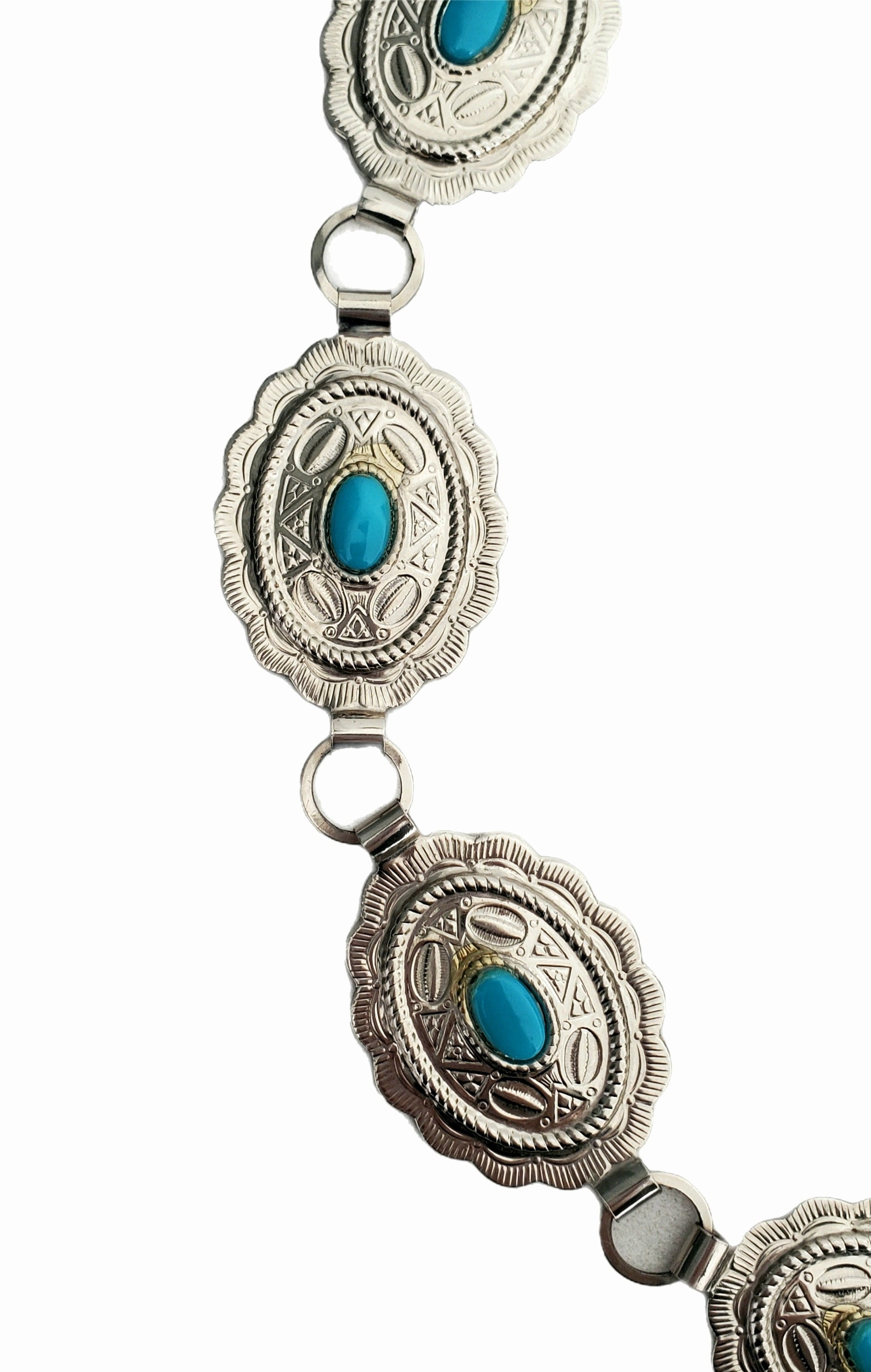 Vintage Silver-Tone Coil Belt w/ Faux Turquoise Cabochon – Sculptural Western St Vintage Southwestern Faux Turquoise Silver Tone Metal Belt  main image 2
