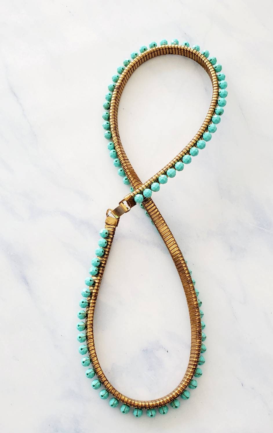 Vintage OMEGA Chain Faux turquoise Gold Tone Beaded Necklace or Belt Gold Tone Omega Chain Necklace, Faux Pearl & Turquoise  main image 4