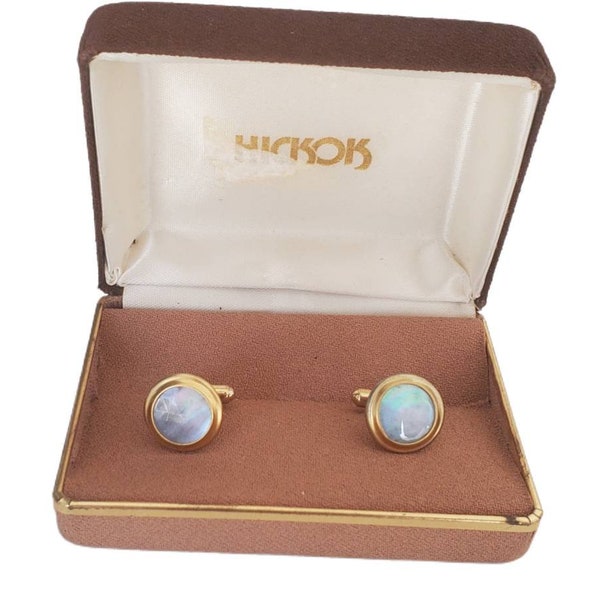 Vintage HICKOK MOP Mother of Pearl Round Gold Tone Cuff Links Dress Suit *Original Box*
