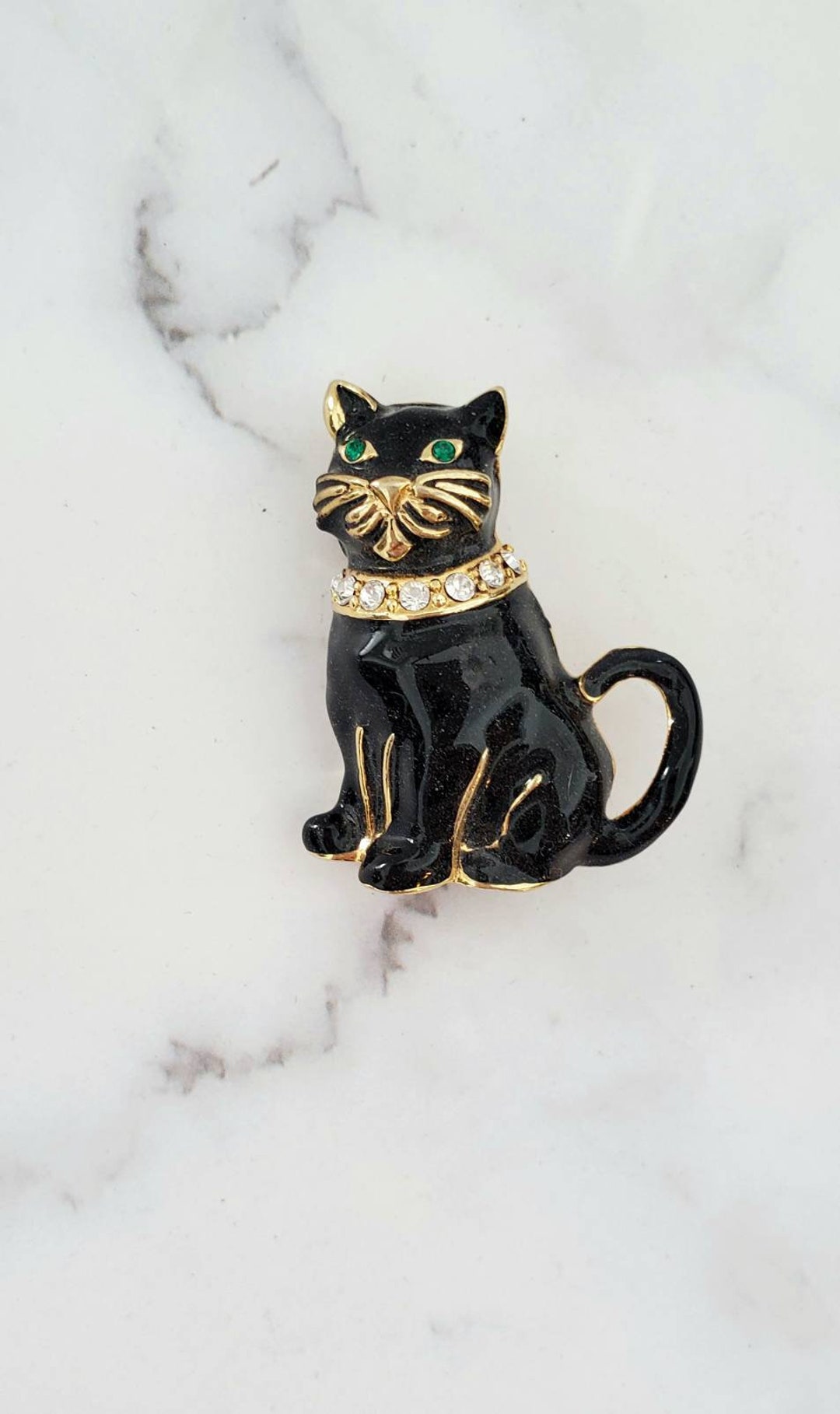Vintage MONET Signed Black Enamel Cat Pin Brooch Rhinestone Eyes and ...