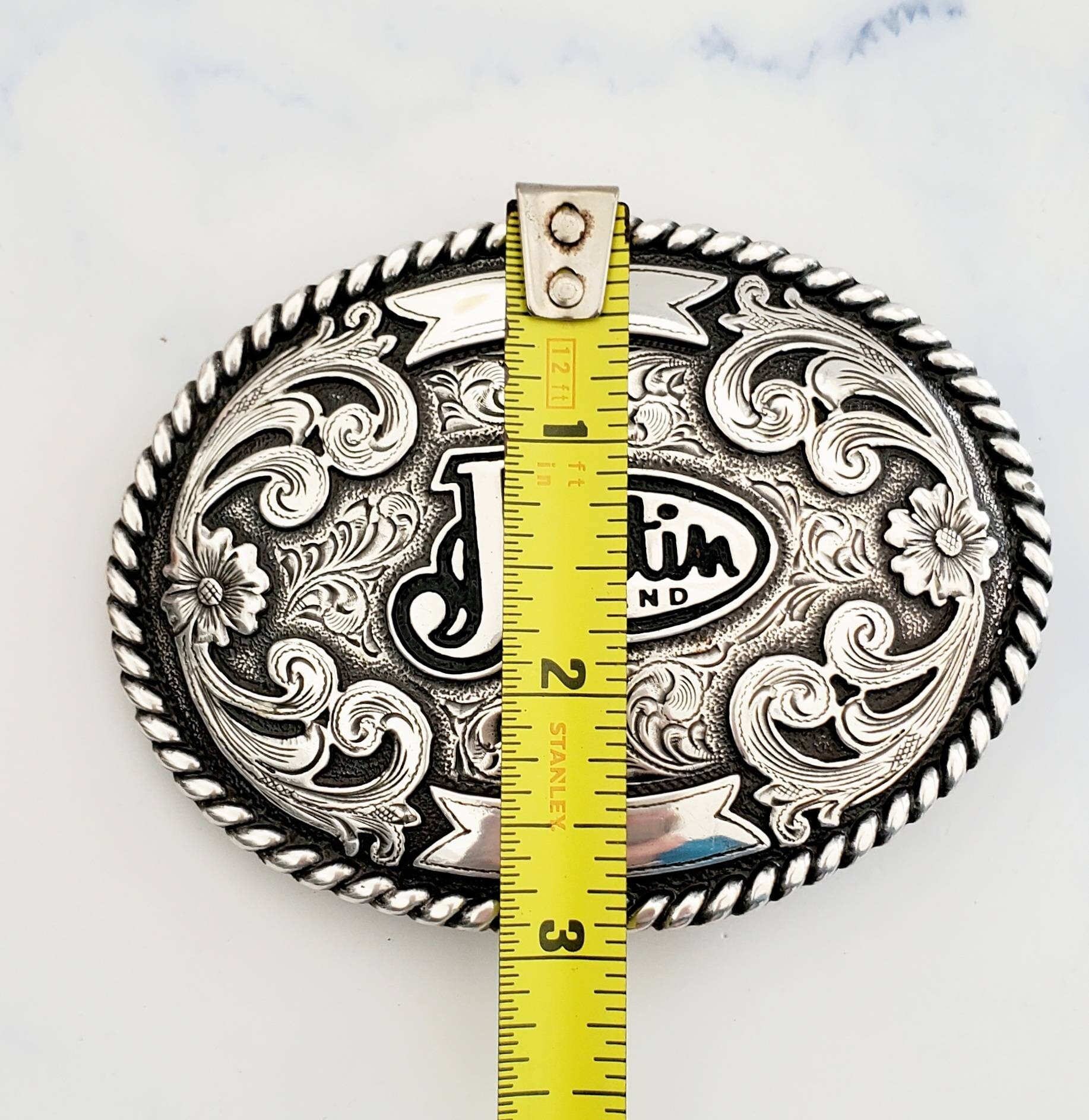 Vintage JUSTIN Brand Silver Tone COWBOY Western Rodeo Floral  display picture 1