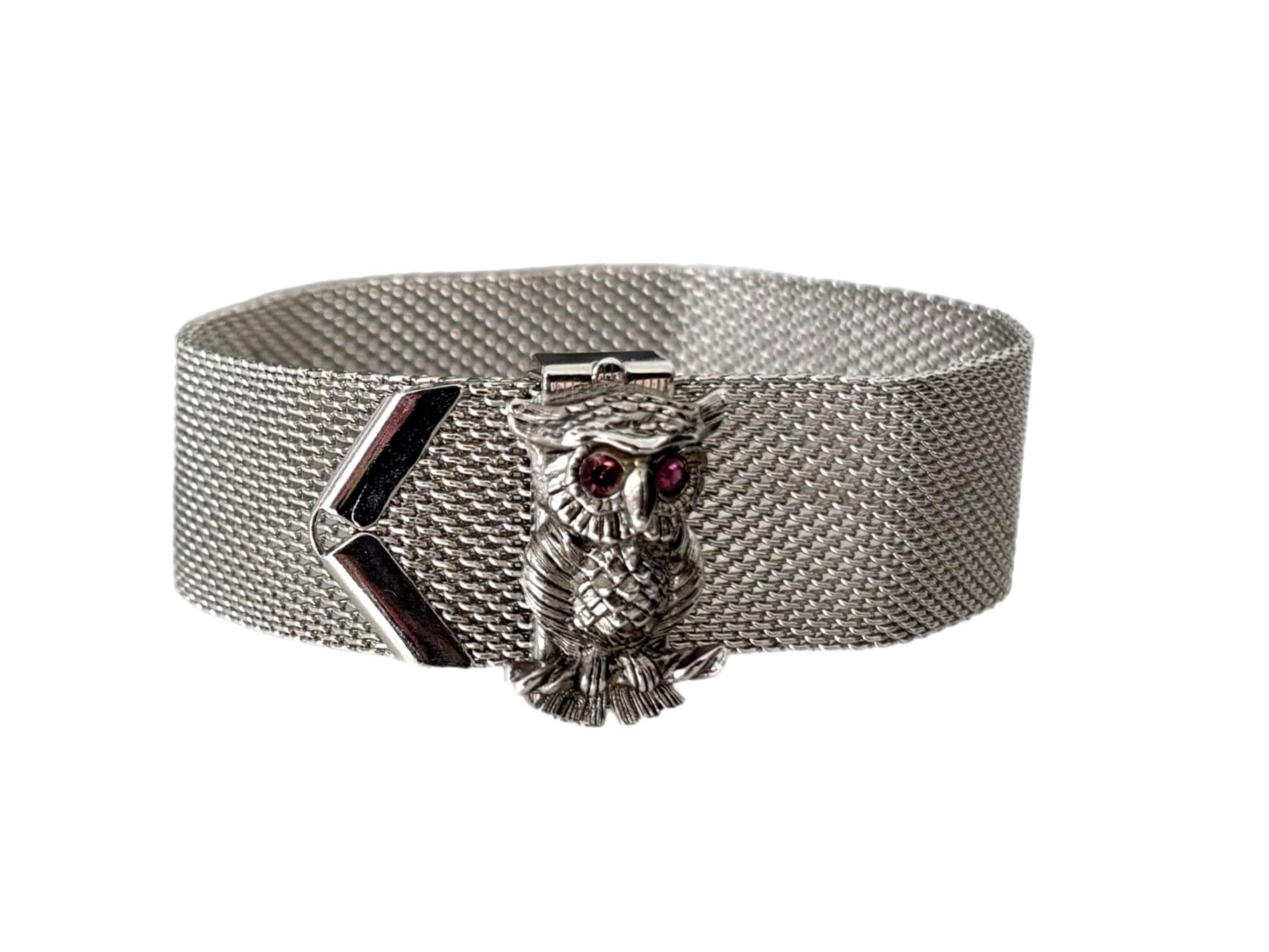 Vintage 1970&rsquo;s Silver Tone Metal Mesh OWL Charm SARAH COVENTRY Buckle Bracelet