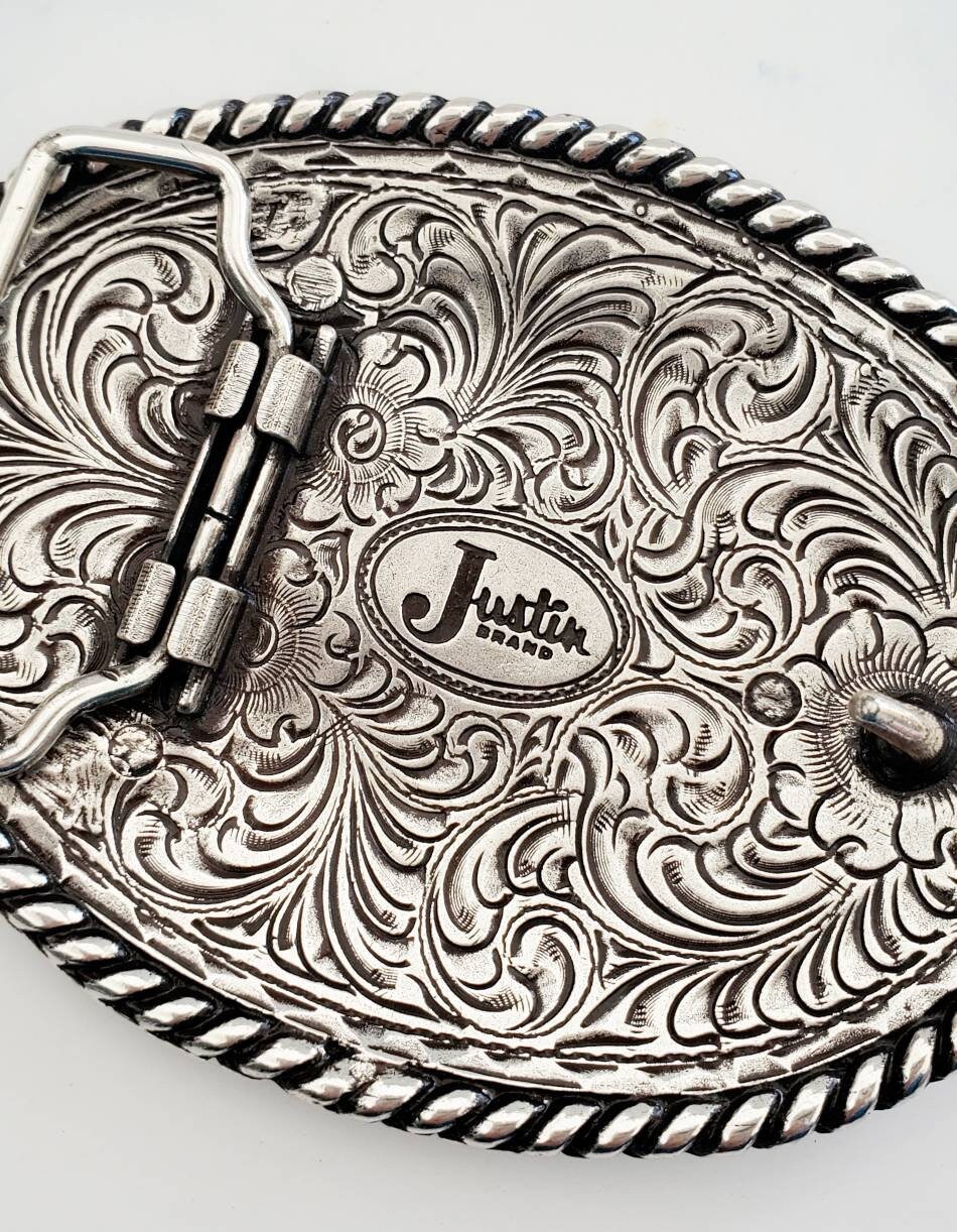 Vintage Justin Western Floral Silver Oval cowgirl Belt Buckle Vintage JUSTIN Brand Silver Tone COWBOY Western Rodeo Floral  main image 4