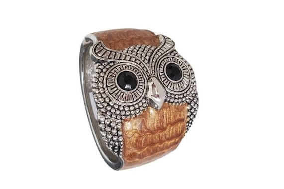 Vintage OWL Figural Wide Brown Enamel and Silver … - image 1