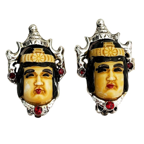 Unsigned Japanese Asian Immortal Gods GOOD FORTUNE Selro-Like Face CLIP Earrings