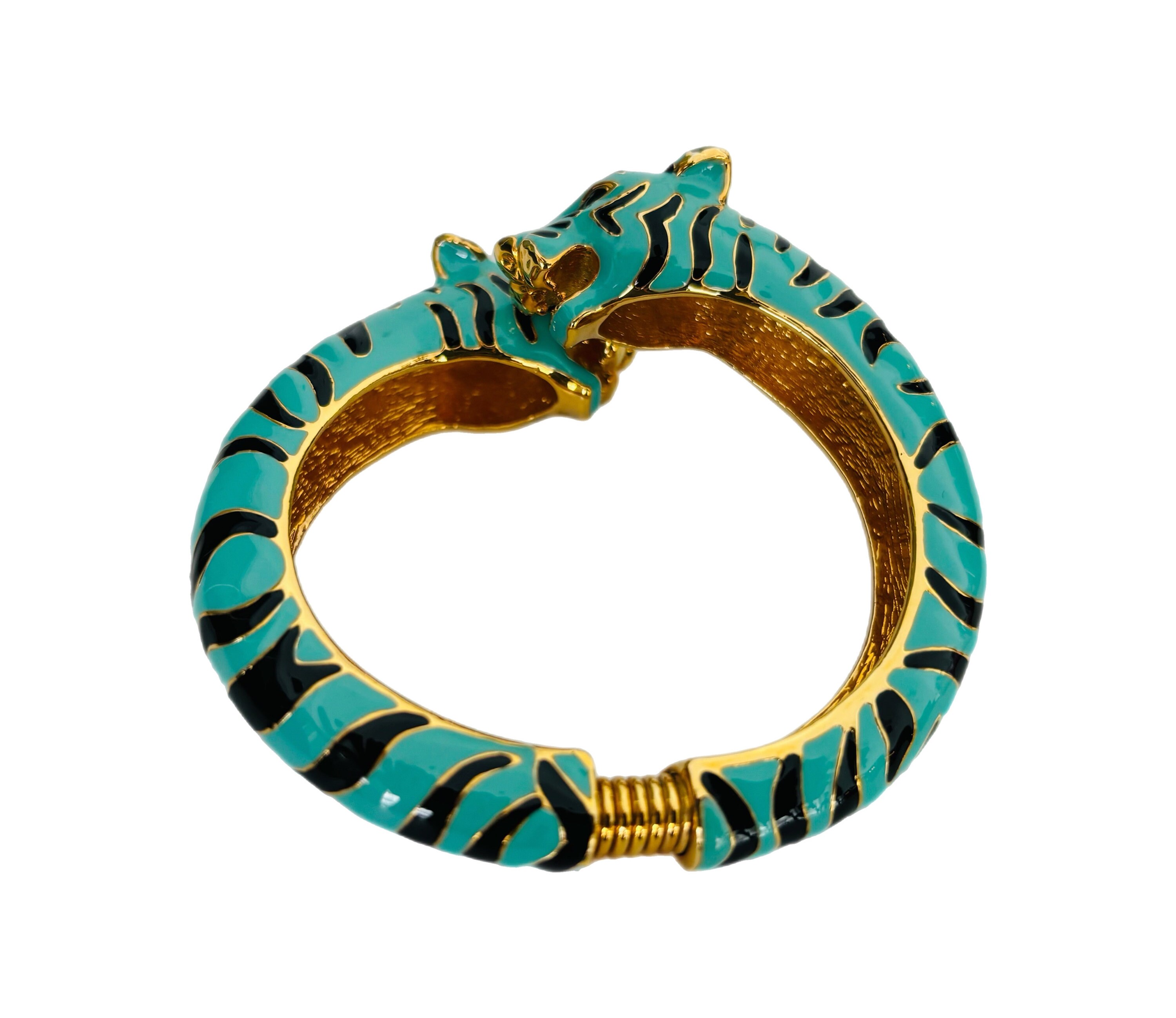 Vintage KJL Kenneth Jay Lane Double TIGER Head Teal Blue and Black  