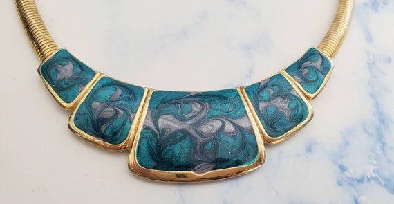 Vintage 1980's Teal and Blue Enamel Gold Tone Ome… - image 3