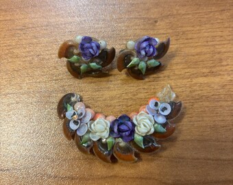 Beautiful vintage handmade seashell brooch and earring set 1950s purple SEE DESCRIPTION