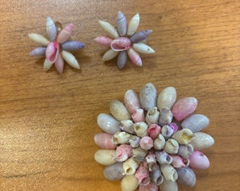 Lovely vintage handmade seashell brooch and earring set, 50s SEE DESCRIPTION