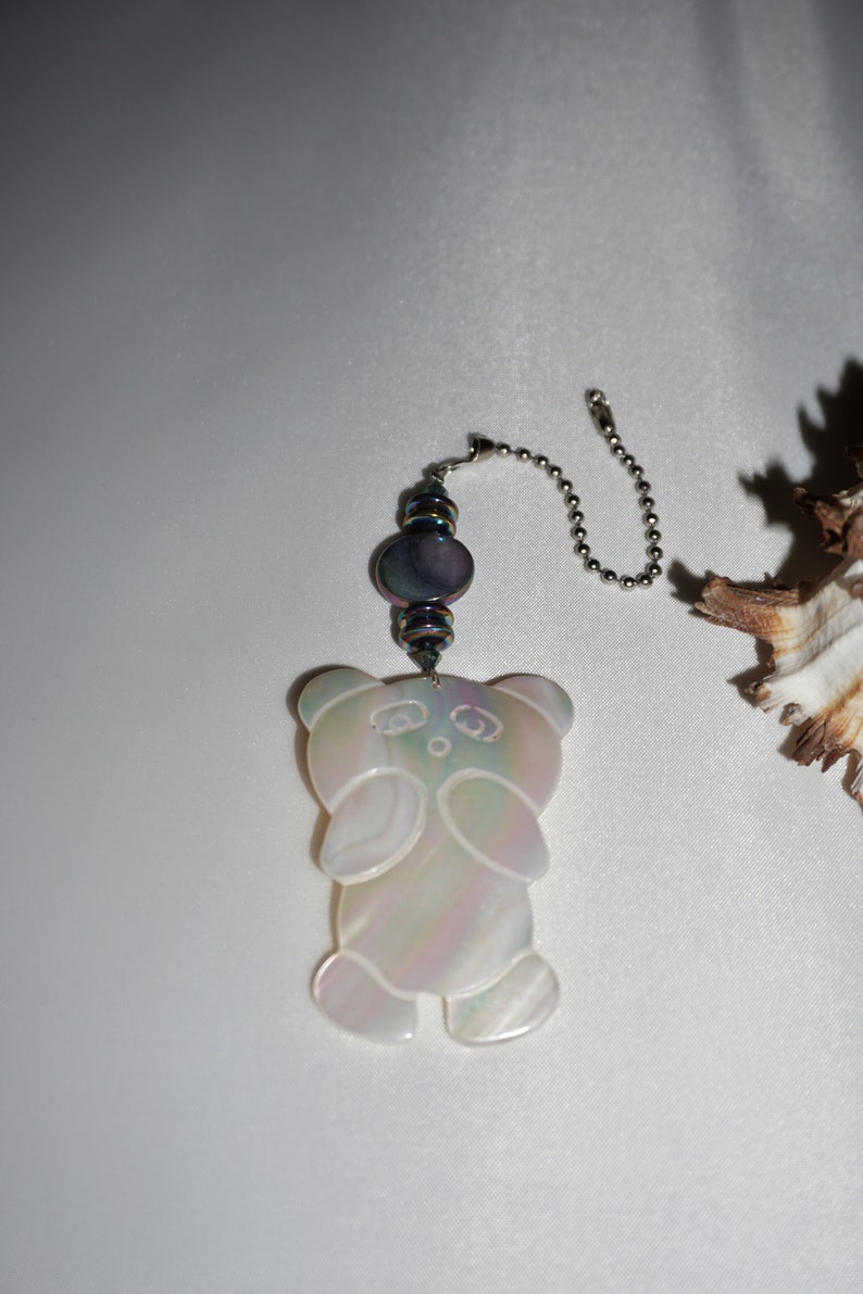 Teddy Bear Fan Chain Pull White Fan Pull Unique Fan Pull Mother of Pearl Shell Fan Pull White Teddy Bear Fan Pull