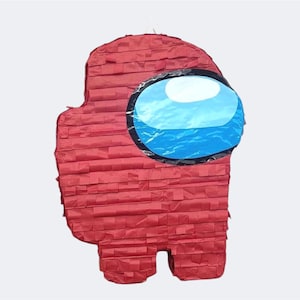 May include: Red piñata in the shape of a character from the video game Among Us. The piñata has a large blue visor and is made of red crepe paper. The piñata is designed to be filled with candy and treats for a party.
