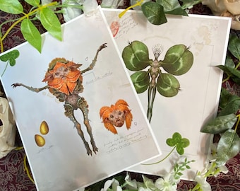 May include: Two art prints featuring botanical illustrations of fantastical creatures. One print shows a creature with an orange frill and spiky limbs, the other a figure with clover-shaped wings. The prints are on a cream background with botanical accents.