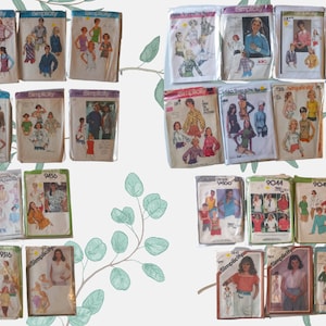 May include: A selection of vintage Simplicity sewing pattern envelopes. The patterns depict illustrations of diverse clothing designs, such as tops, dresses, and jackets. The envelopes are in various colours and sizes, with text and numbers.