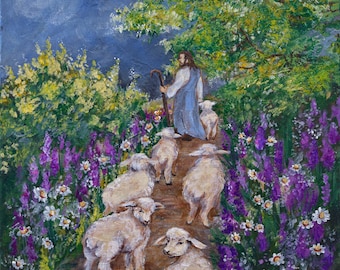 Follow Me Art Decor Original Sheep Following Jesus on the Path Acrylic Painting, Country Floral Meadow Landscape, Farmhouse Wall Art Decor