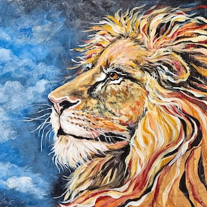 Lion of Judah Art Decor Original Lion of Judah Acrylic Painting, Country Floral Meadow Landscape, Farmhouse Wall Art Decor Gallery Quality