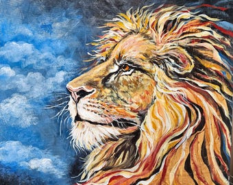 Lion of Judah Art Decor Original Lion of Judah Acrylic Painting, Country Floral Meadow Landscape, Farmhouse Wall Art Decor Gallery Quality