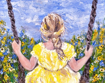 Girl On Swing Original Home Decor Art Vintage Collectible Country Yellow Dress Wildflower Landscape Studio Decor Gallery Quality Painting