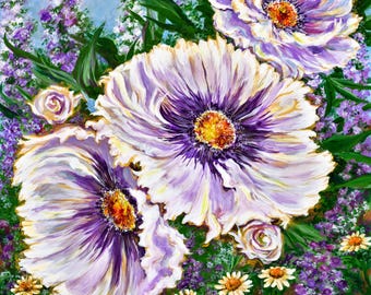 White Poppy Floral Wall Art Vintage Botanical Landscape Fine Art Collectible Acrylic Hand Painted Studio Decor Gallery Quality Painting