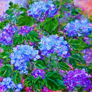 Blue Hydrangeas Painting: Vintage Floral Landscape, Collectible Fine Art