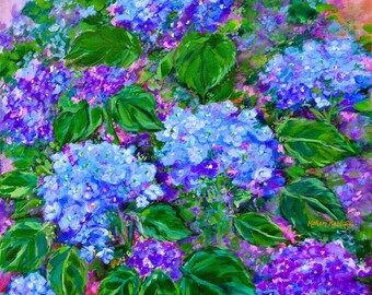 Blue Hydrangeas Floral Wall Art Vintage Botanical Landscape Fine Art Collectible Acrylic Hand Painted Studio Decor Gallery Quality Painting