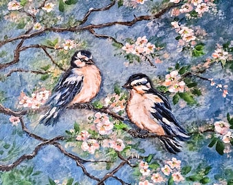 Blue Birds and Blossoms Floral Portrait Home Decor Wall Art Vintage Collectible Nature Artwork Painted Studio Decor Gallery Quality Painting