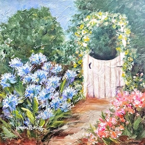 Garden Gate Floral Landscape Painting: Embellished Canvas Print