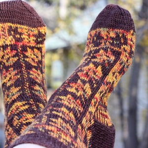 Puede incluir: Un par de calcetines de punto marrón y amarillo con un patrón geométrico. Los calcetines están hechos con un hilo fino y tienen una textura suave.