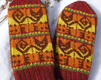 Inca Cat mittens Digital Knitting Pattern PDF--fair isle stranded colorwork knitting pattern