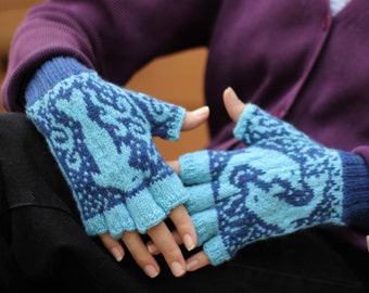 Dancing Dolphin Mitts Knitting Pattern PDF-fair isle stranded colorwork knitting half gloves