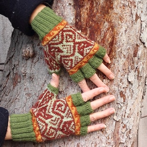 Kusi Cat Mitts Knitting Pattern fair isle stranded colorwork Pdf pattern