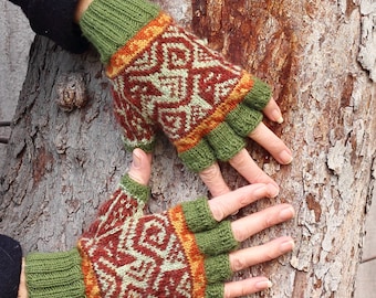 Kusi Cat Mitts Knitting Pattern fair isle stranded colorwork Pdf pattern
