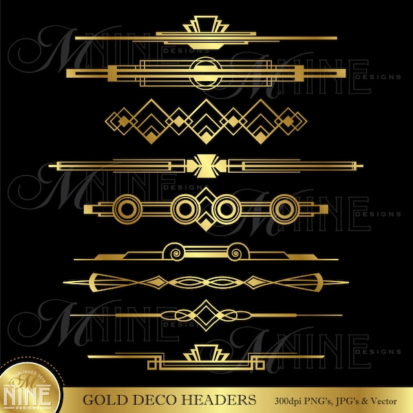 GOLD DECO Headers Clip Art Deco Clipart, Instant Download, Art Deco Vintage Design Elements Antique Borders Vector AI Png Svg Clipart