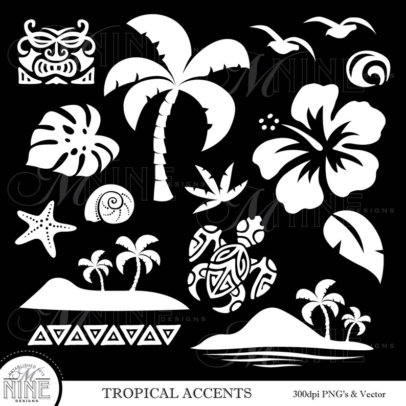 White TROPICAL Clip Art Tropical Accents Design Elements Vector Hawaiian Clipart Accents Accent Silhouette Clip art Tropical Downloads