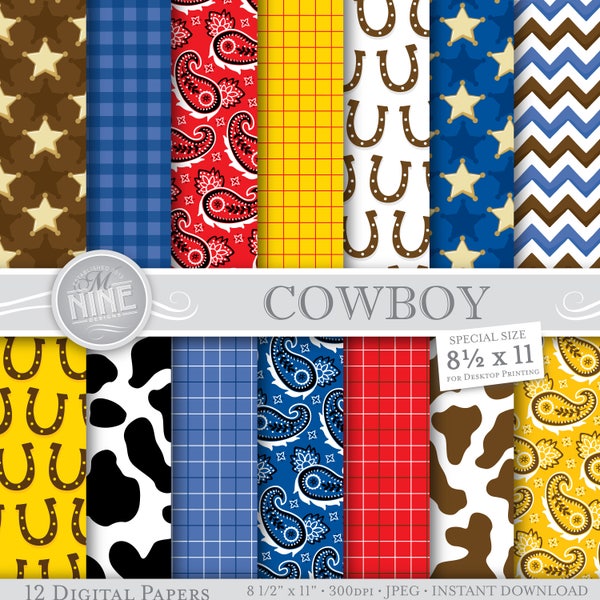 COWBOY Digital Paper | Cowboy Printables | Digital Downloads | Western Theme Scrapbook Paper Patterns | 8 1/2 x 11 Cowboy Party Printables