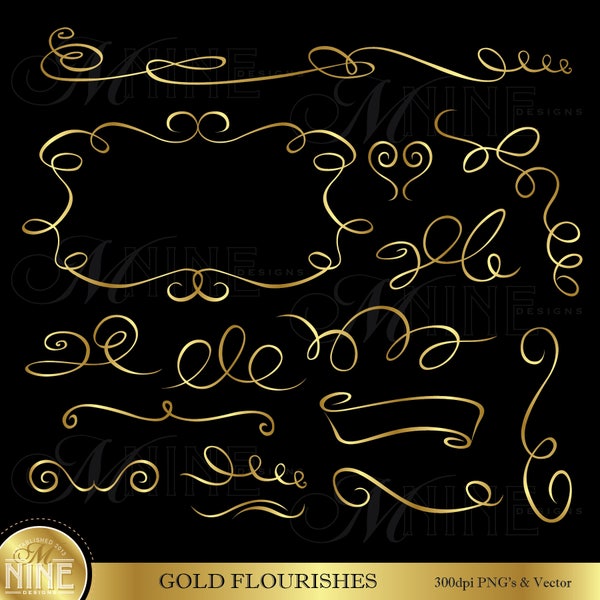 GOLD FLOURISH Clip Art | Gold Flourishes Download | Gold Hand Drawn Flourish Accents | Vector Clipart Downloads | Gold Scribble Clipart