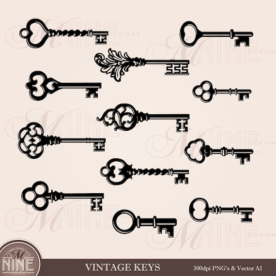 VINTAGE KEYS Clip Art | Skeleton Key Design Accents | Vector Key Clip Art |  Retro Key Art Downloads | Vector AI Png Svg