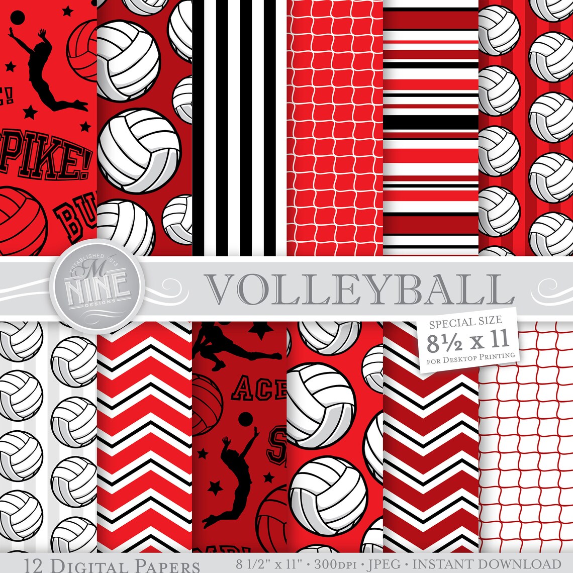 Red VOLLEYBALL Digital Paper Volleyball Party Printables 8 - Etsy