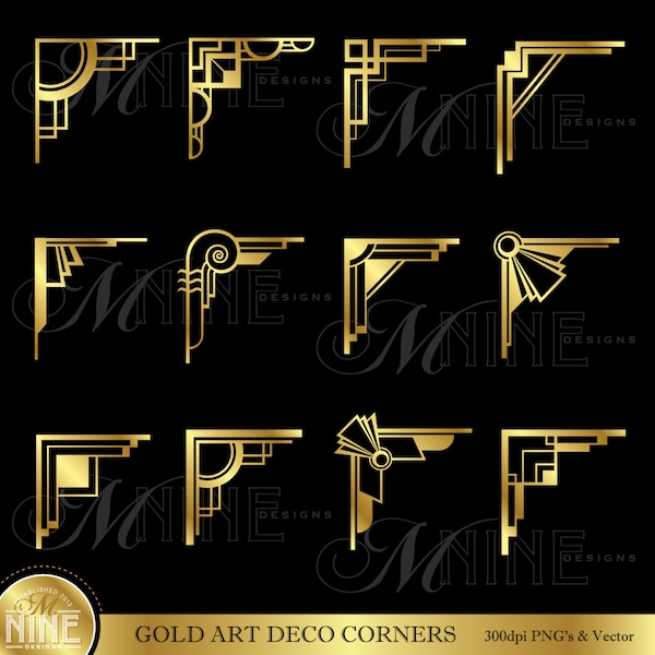 Gold Art DECO Ecken Clipart digitale ClipArt, sofortiger Download, Vintage Design Elemente antike Grenzen Vektor AI Png Svg Clipart