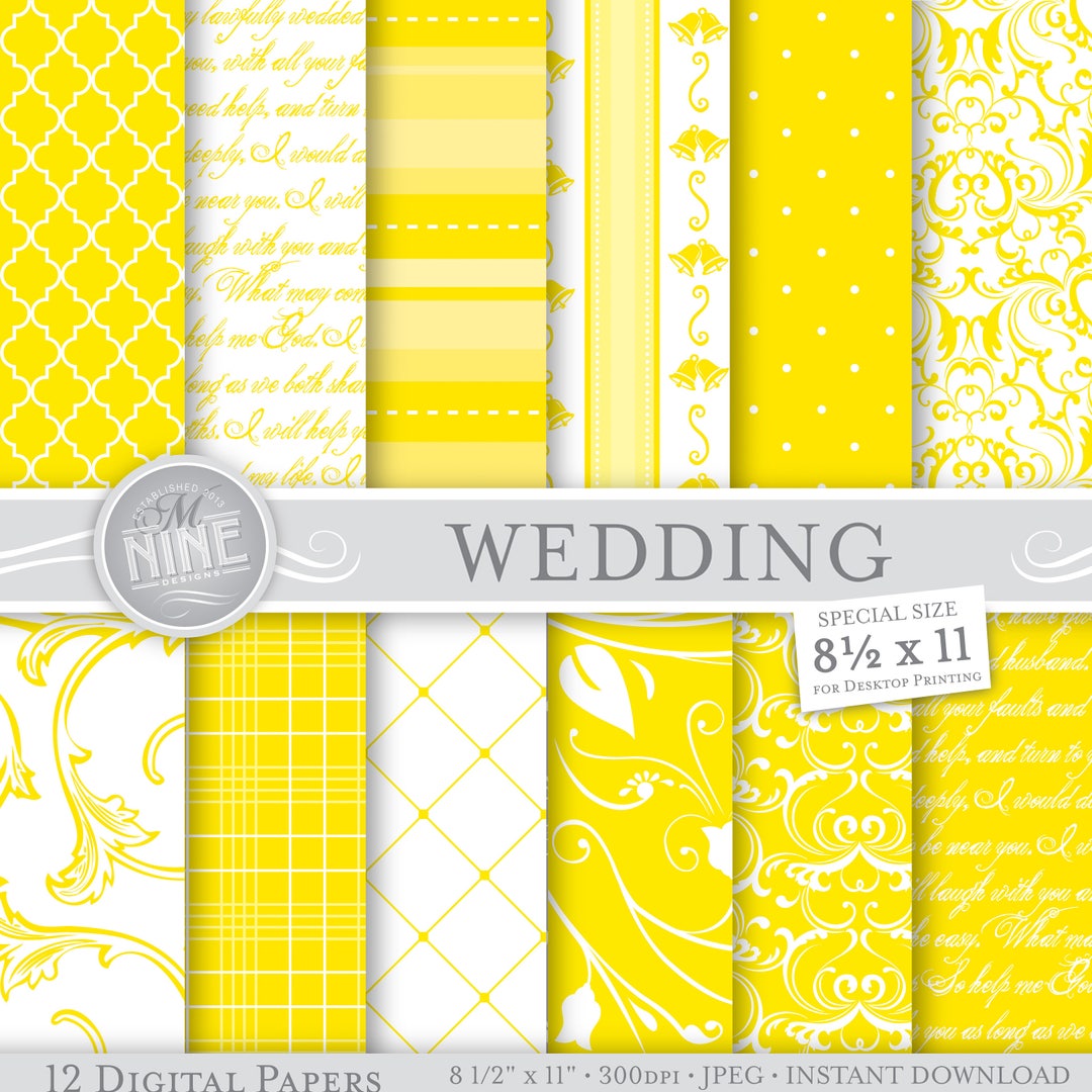 Yellow Wedding Scrapbook Paper, Green Floral Digital Paper Yellow